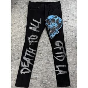 GFTD‎ Los Angeles Jeans Mens 36x33 Black White Death To All Skull Distressed